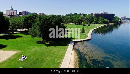 Aerial view of City of Madison skyline, James Madison Park, on sunny, clear day, along Lake Mendota, Madison, Wisconsin, USA Stock Photo