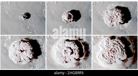 Sequence of still images showing the violent eruption and massive mushroom cloud as it blasts volcanic ash from of the underwater Hunga Tonga-Hunga Haʻapai volcano  taken by the GOES-West satellite over the South Pacific Ocean, January 15, 2022 in the Tonga Islands. The explosion sent an ash plume 100,000 feet into the upper atmosphere and tsunami waves as far as California. Stock Photo