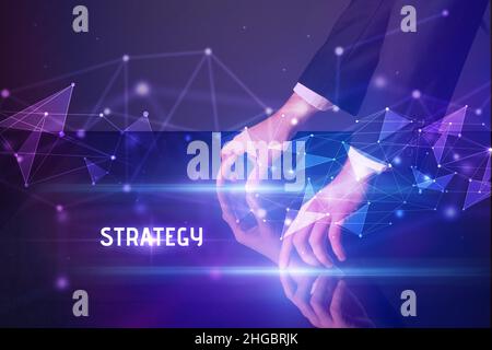 Businessman touching huge screen concept Stock Photo