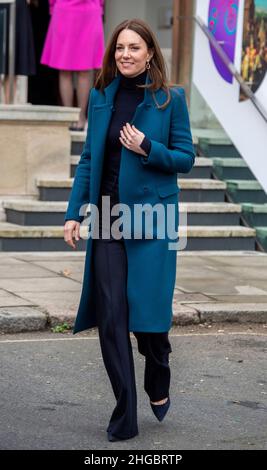 London, England. 19th January 2022.  Catherine, Duchess of Cambridge, wearing a blue coat,  black polo neck and £7 earrings from Accessorize, visits the Foundling  Museum in London, England.  Credit:  Anwar Hussein The Foundling Museum, of which the Duchess of Cambridge is patron, tells the history of the Foundling Hospital, the UK's first children's charity which was founded in 1739 as a home for children whose mothers couldn't keep or care for them. Credit: Anwar Hussein/Alamy Live News Stock Photo