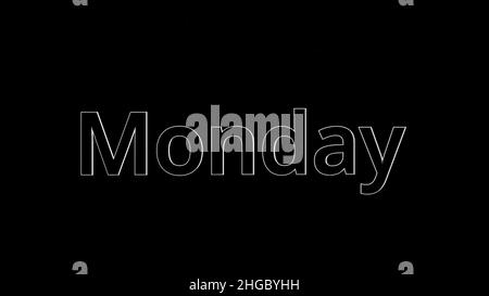 Monday text word gliding on black, glossy background, 3D animation. Silver, 3D text animation of word monday. Stock Photo