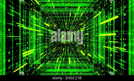 Green sci fi tunnel, abstract futuristic technology concept. 3D journey through cyberspace on black background with matrix effect, seamless loop. Stock Photo