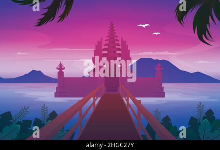 Sea Mountain Temple Beratan Lake Bedugul Bali Landscape View Illustration Stock Vector