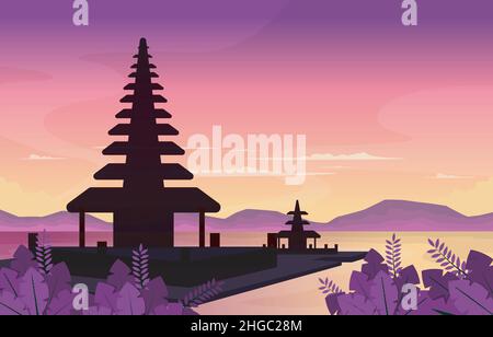 Sea Mountain Temple Beratan Lake Bedugul Bali Landscape View Illustration Stock Vector