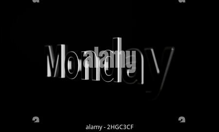 Monday text word gliding on black, glossy background, 3D animation. Silver, 3D text animation of word monday. Stock Photo