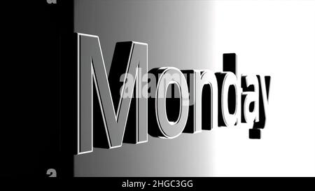 Monday text word gliding on black, glossy background, 3D animation. Silver, 3D text animation of word monday. Stock Photo