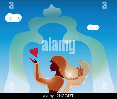 Charming Lady is looking for her true love. The golden dupatta shines in the rays of the sun. A dream is born at the Taj Mahal Love concept Stock Vector