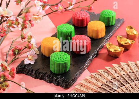Snowskin Mooncake with Colorful Variation,  Moon Cake for the Mid-Autumn Festival. Stock Photo