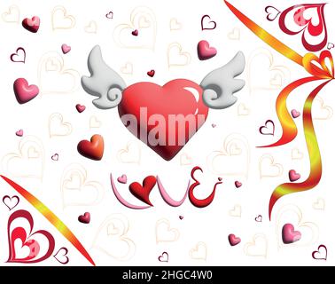 Letter of Love with a flying heart flies in the vastness of the universe to the addressee of love. Golden ribbons carefully store the priceless words Stock Vector