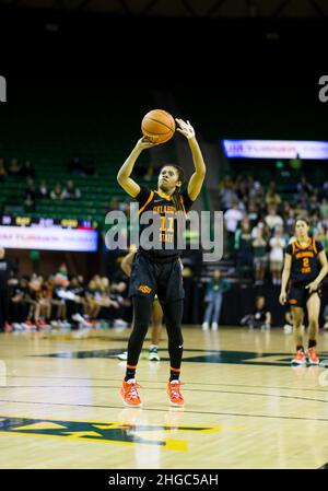 Waco, Texas, USA. 19th Jan, 2022. Oklahoma State Cowgirls guard N'Yah Boyd (11) shoots a free-throw during the 2nd quarter of the NCAA Basketball game between the Oklahoma State Cowgirls and Baylor Lady Bears at Ferrell Center in Waco, Texas. Matthew Lynch/CSM/Alamy Live News