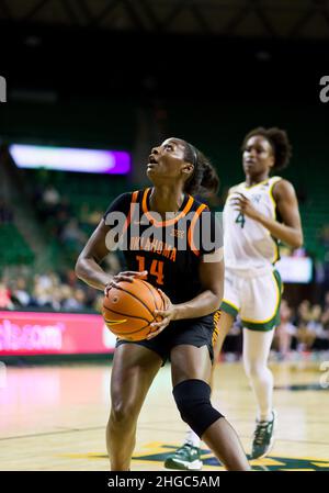 Waco, Texas, USA. 19th Jan, 2022. Oklahoma State Cowgirls forward Taylen Collins (14) gets ready to shoot the ball during the 2nd quarter of the NCAA Basketball game between the Oklahoma State Cowgirls and Baylor Lady Bears at Ferrell Center in Waco, Texas. Matthew Lynch/CSM/Alamy Live News