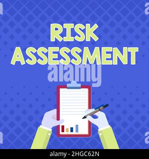 Conceptual caption Risk Assessment. Conceptual photo estimation of the levels of risks involved in a situation Business Associate Holding Clipboard Stock Photo