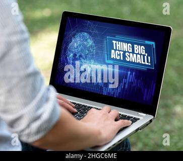 Sign displaying Thing Big, Act Small. Conceptual photo Starts at a short term to reach a lifelong goals Woman Typing On Laptop Sitting Outside Back Stock Photo