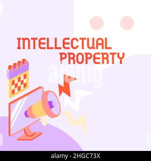Inspiration showing sign Intellectual Property. Internet Concept work or invention that is the result of creativity Ceiling Megaphone Drawing Giving Stock Photo