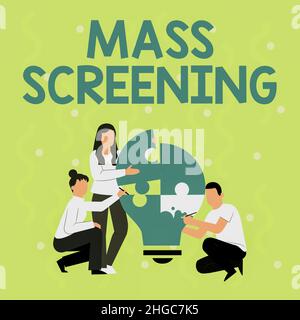 Hand writing sign Mass Screening. Business showcase health evaluation performed at a large amount of population Employee Drawing Helping Each Other Stock Photo