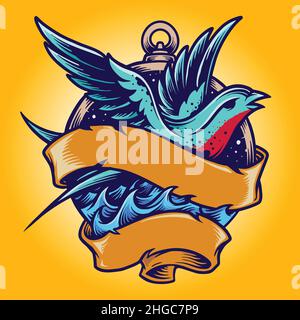 Swallow Tailor Vintage Tattoo Vector illustrations for your work Logo, mascot merchandise t-shirt, stickers and Label designs, poster, greeting cards Stock Vector