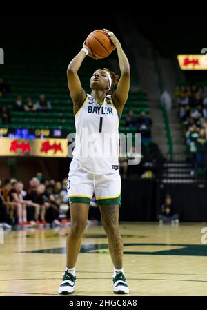 Waco, Texas, USA. 19th Jan, 2022. Baylor Lady Bears forward NaLyssa Smith (1) shoots a free-throw during the 4th quarter of the NCAA Basketball game between the Oklahoma State Cowgirls and Baylor Lady Bears at Ferrell Center in Waco, Texas. Matthew Lynch/CSM/Alamy Live News