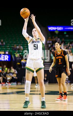 Waco, Texas, USA. 19th Jan, 2022. Baylor Lady Bears forward Caitlin Bickle (51) shoots a free-throw during the 4th quarter of the NCAA Basketball game between the Oklahoma State Cowgirls and Baylor Lady Bears at Ferrell Center in Waco, Texas. Matthew Lynch/CSM/Alamy Live News