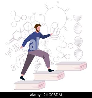 career path scientist going up stairs in chemistry physics scientific ideas symbol chemical experiment getting ideas Stock Vector