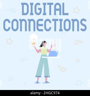 Text sign showing Digital Connections. Word for virtual network linking user to his or her contacts Illustration Of Girl Using Laptop Having Ideas And Stock Photo