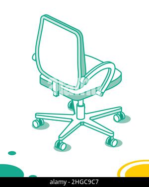 Isometric Office Chair on Wheels. Vector Illustration. Outline Desk Chair Icon. Furniture for Interior. Stock Vector