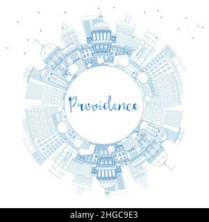 Outline Providence Rhode Island City Skyline with Blue Buildings and Copy Space. Vector Illustration. Providence USA Cityscape with Landmarks. Stock Vector