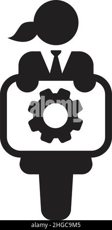 Business icon vector, female person with gear symbol on board for finance and marketing in a glyph pictogram illustration Stock Vector