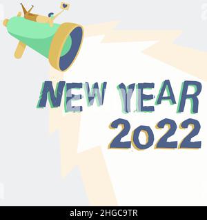 Conceptual caption New Year 2022. Word Written on Greeting Celebrating Holiday Fresh Start Best wishes Man Drawing On Megaphone Producing Lighting Stock Photo