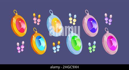 Cartoon jewelry, set of gold and silver pendants and earrings with precious gemstones and pearls. Metal coulombs or charms with colorful gems, luxury jewellery women collection, Vector illustration Stock Vector