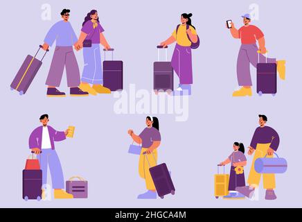 People with luggage, tourists travel with bags. Set of male and female characters traveling. Family couple, parent with kid, happy men and women walk with baggage, Line art flat vector illustration Stock Vector
