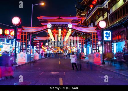 Year of the Tiger decorations for Chinese New Year in the touristy ‘Shanghai old town’ with traditional style buildings in Shanghai, China. Stock Photo