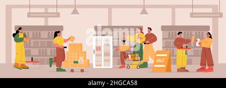 People in supermarket or grocery store market, visitors with carts walk along shelves choose food. Men, women and kids customers characters shopping, buying products in shop, Line art flat vector set Stock Vector