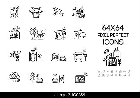Smart city icons set. CCTV, drone delivery, smart parking and traffic management, sustainable energy sources. Pixel perfect, editable stroke Stock Vector