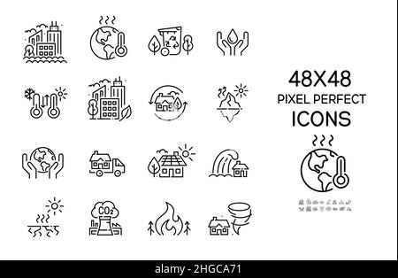 Global warming effects and prevention. Water conservation, clean energy and recycling. Natural disasters and heating. Pixel perfect, editable stroke Stock Vector