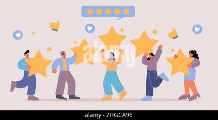 Feedback, customer review concept. Rating of client satisfaction of service, app or product. Vector flat illustration of quality rate with people holding gold stars and like symbols Stock Vector