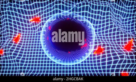 Neon grid mountains landscape in 80s synthwave or retrowave style with glass dome or sphere and red triangular spikes. Arcade game style Stock Photo