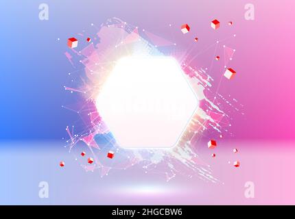 Abstract pink and blue vaporwave styled background with shiny neon frame, brush stroke, halftone blot and triangular dotted grid. Stock Vector