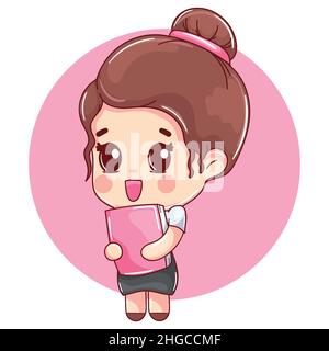 girl in cartoon style student uniform holding a small pink notebook Stock Vector