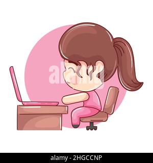 cartoon girl studying in front of her laptop and desk on white background Stock Vector