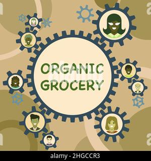 Text sign showing Organic Grocery. Business concept market with foods grown without the use of fertilizers Colleagues Presented Inside Cogwheels Stock Photo