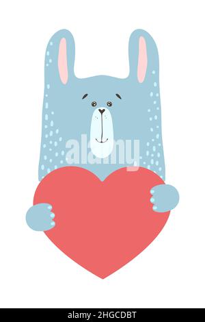Cute cartoon rabbit bunny hare animal holds a heart sign with copy space. set valentine's day greeting card banner invitation flyer brochure. cartoon Stock Vector