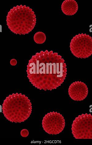 Abstract background with Red virus molecules and microbes on black background Stock Photo