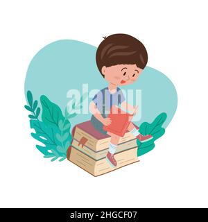 Vector illustration of a reading boy sitting on a stack of books with plants on background. Schooling for everyone. Educational hobby. Cartoon Stock Vector