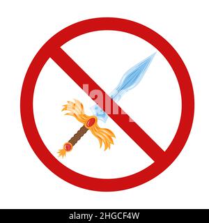 Vector cartoon medieval sword in a red forbidden sign. The danger of war. Prohibition of violence. Ban sign for stickers and icons Stock Vector