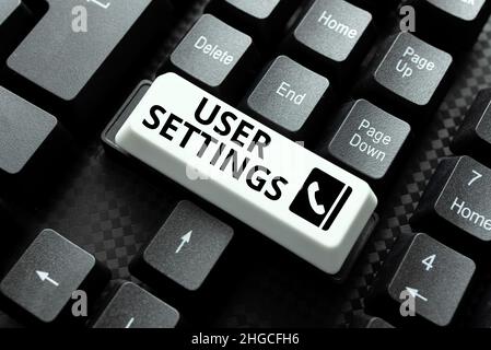 Inspiration showing sign User Settings. Business overview Configuration of appearance Operating System Personalized Typing And Publishing Descriptions Stock Photo