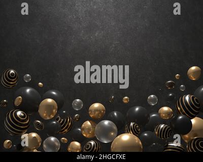 Abstract elegant frame made of balls in black and gold colors. 3D Render. Stock Photo