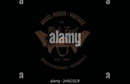 angel rider skull with eagle feather  vintage motorcycle monogram text vector template Stock Vector