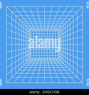 Wireframe perspective cube. 3d wireframe grid room. 3d perspective laser grid. Cyberspace blue background with white mesh. Futuristic digital hallway Stock Vector