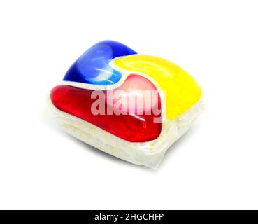 A closeup of one colorful washing detergent gel pod on white background. Stock Photo