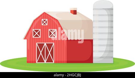 Concept country house red modern farm barn building with granary on green farm field plot ranch cartoon vector illustration icon, isolated on white. P Stock Vector